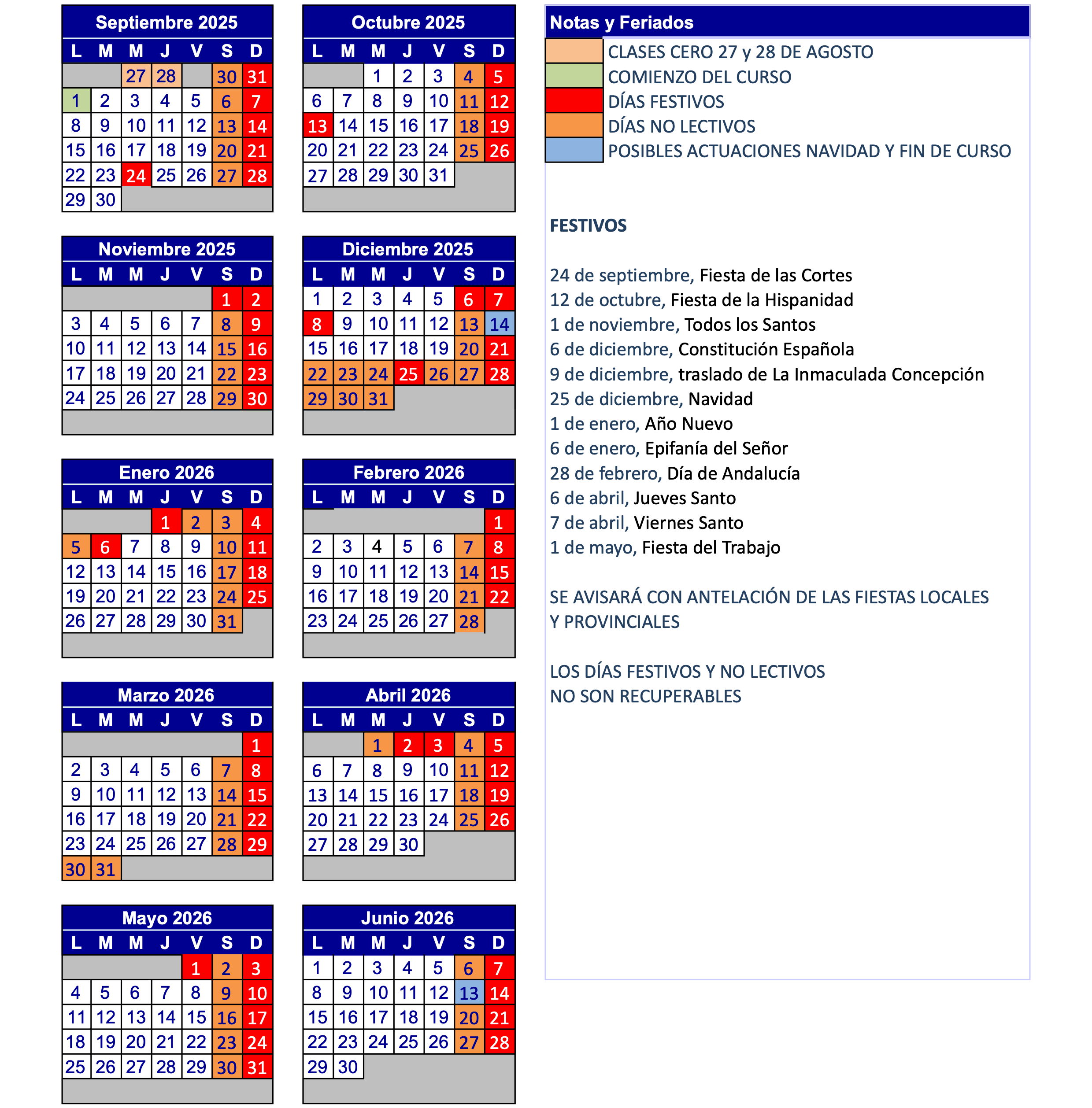 Calendario escuelade música Islamúsica 2025-26