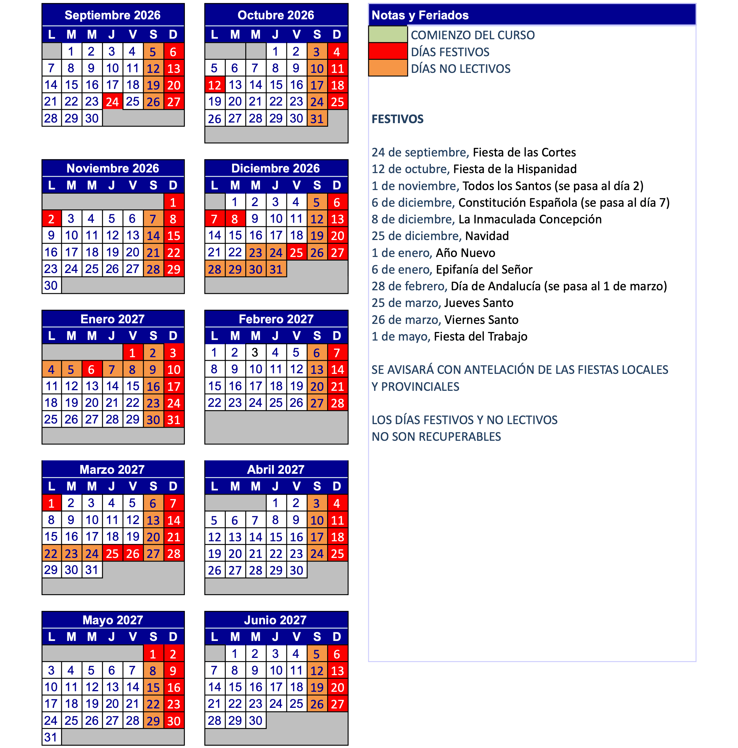 Calendario escuela de música Islamúsica 2026-27